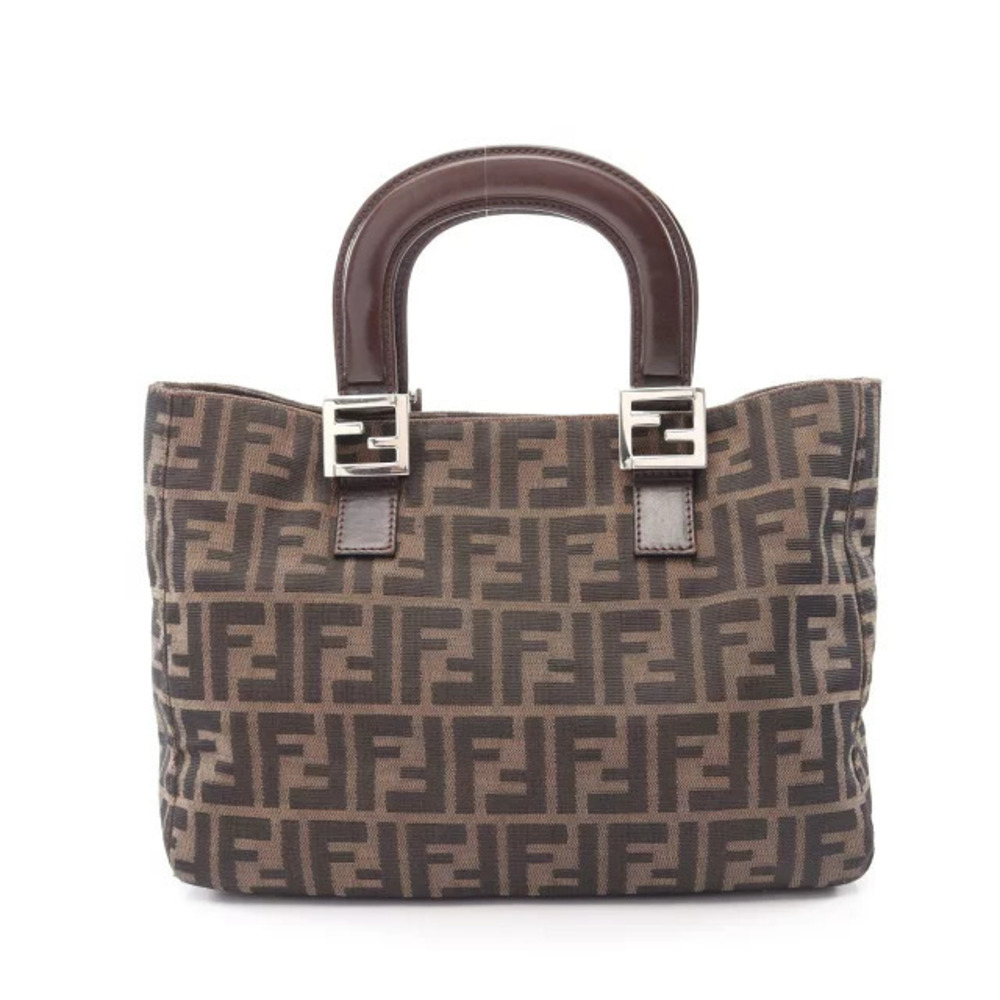 Fendi Zucca Handbag Leather Canvas Beige Cream Black Brown